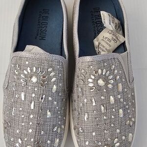 Gray Slip-On Shoes with Rhinestone Embellishments